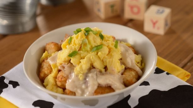 Breakfast Bowl with Tater Tots, Briskey Country Gravy and Scrambled Eggs